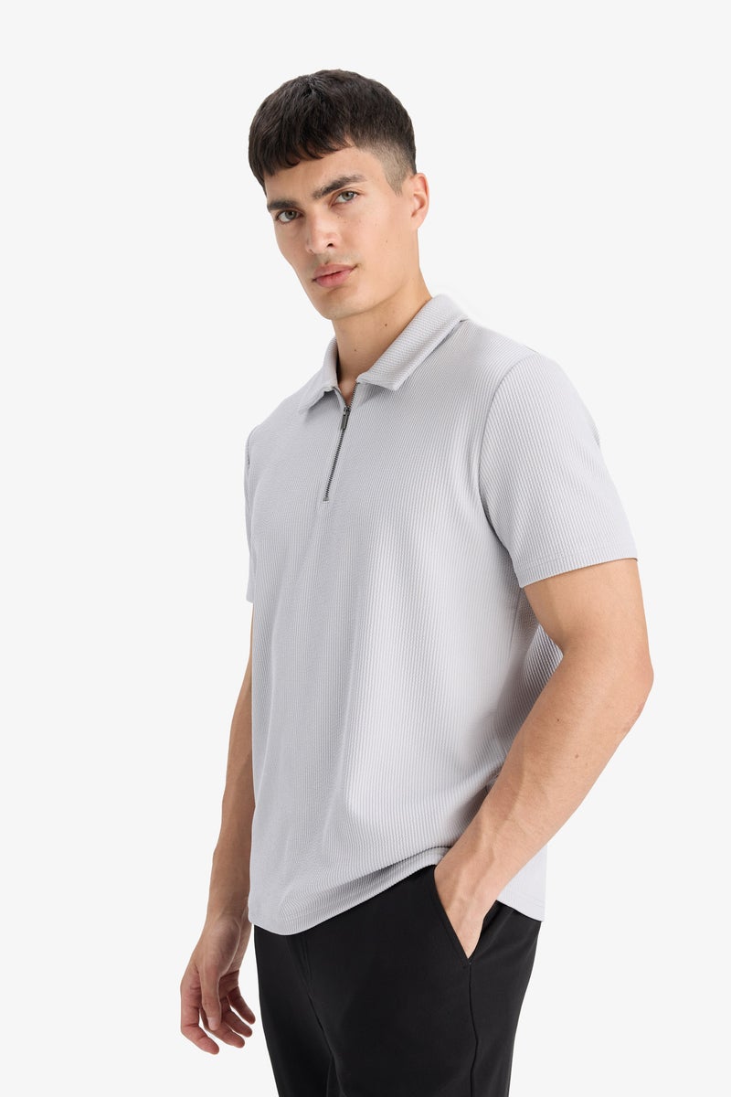 DeFacto Grey Man Regular Fit Half Zip Pleated Polo T-Shirt Casual - Image 4